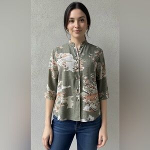 Citron Santa Monica Silk Sage Green Asian Garden Print Blouse Wearable Art Sz M